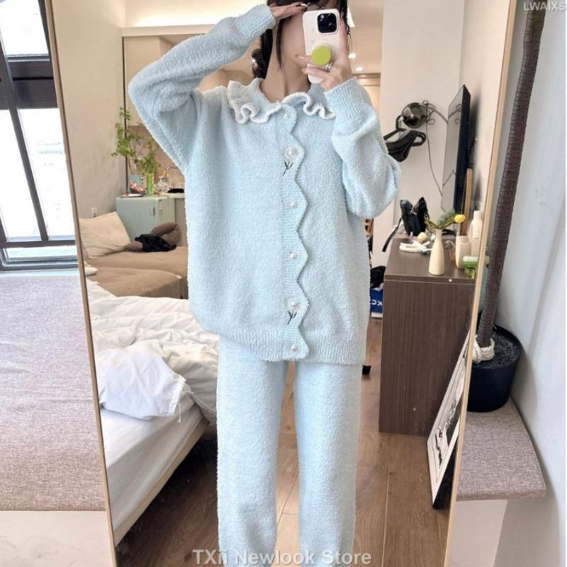 

Пижама женская осенне-зимняя милая простая высококачественная мягкая флисовая подкладка утолщенный теплый кардиган верхняя одежда домашняя одежда костюм One Size