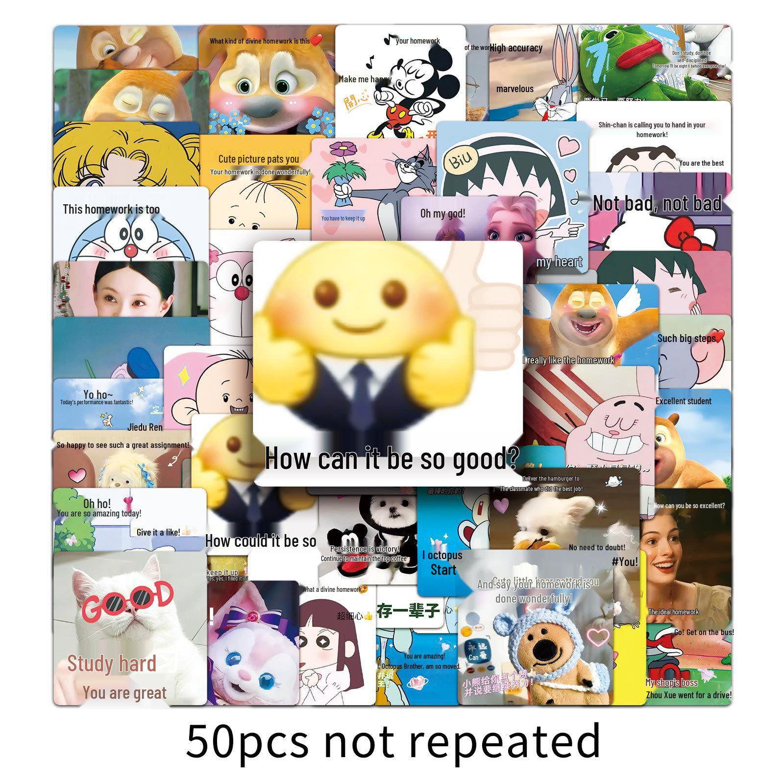 50 Corrected Homework Emoji Stickers: Cartoon Doodles for Creative, Decorative Fun on Water Bottles, Phones, or Suitcases