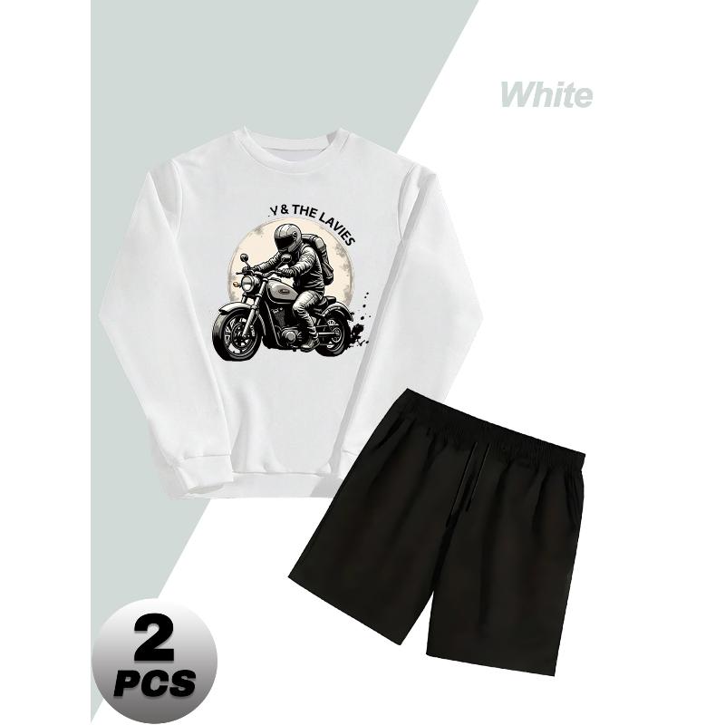Polyester Men s 2 Piece Casual Outfit Crew Neck Pullover Sweatshirt and Drawstring Shorts Versatile L белый