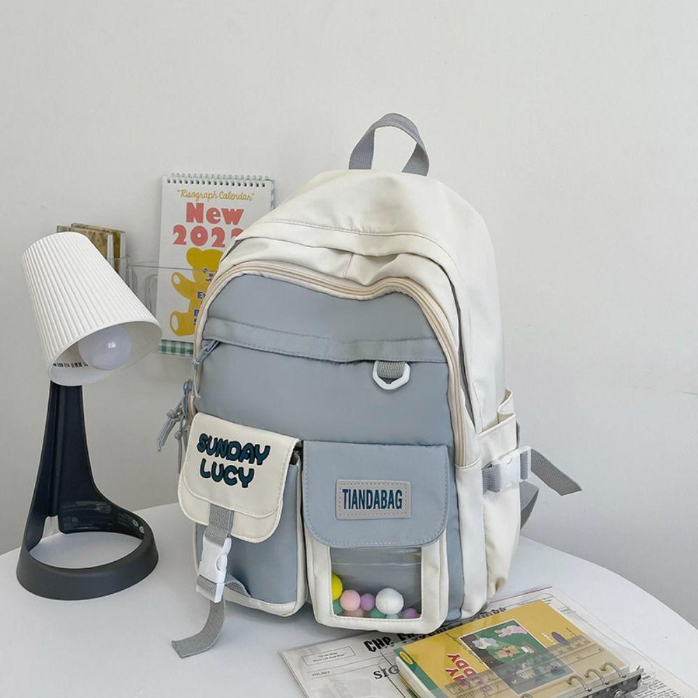 

Canvas Large Capacity Backpack Double Zipper Casual Knapsack Korean Style School Bag Student white-style1