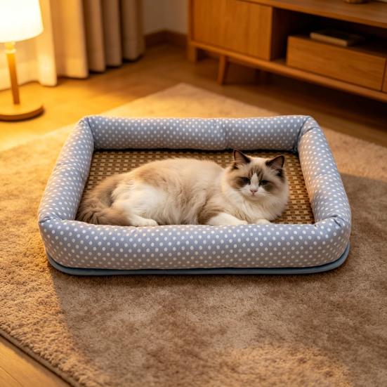 Summer Pet Cooling Bed Woven Cooling Mat Cat Bed Breathable Cooling Dog Bed with Raised Edges Anti-Slip Bottom for Small Dogs Cats