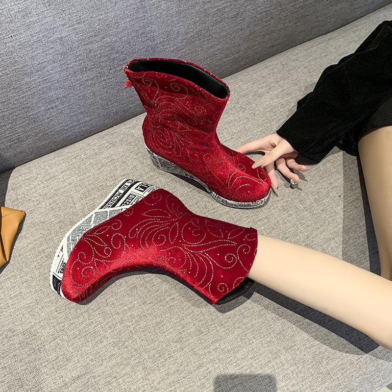 Fashion Boots Women's 2025 Autumn New Plus-size Printed Edge-trimmed Fashion Rhinestone Round-headed Thick-soled High-heeled Ankle Boots