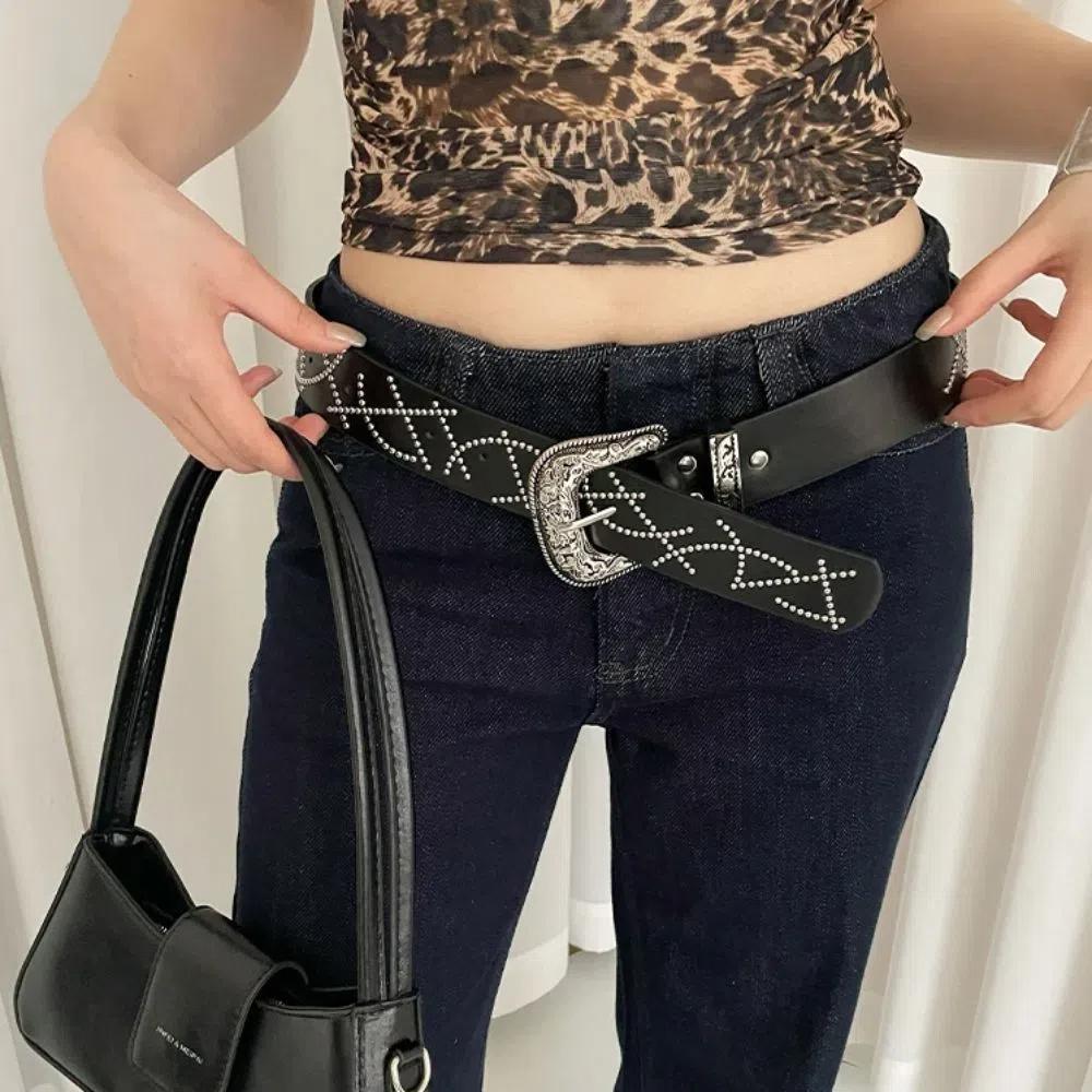 Gothic Buckle Waist Belt Black White Dress Jeans Belt Versatile Women's Belt  Spicy Girls