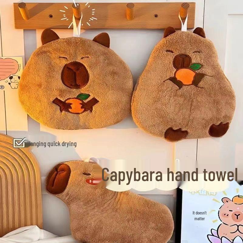 Quick-Drying Capybara Coral Fleece Hand Towel - Cute, Water-Absorbent, Hanging Kitchen Towel Capybara Hugging Fruit
