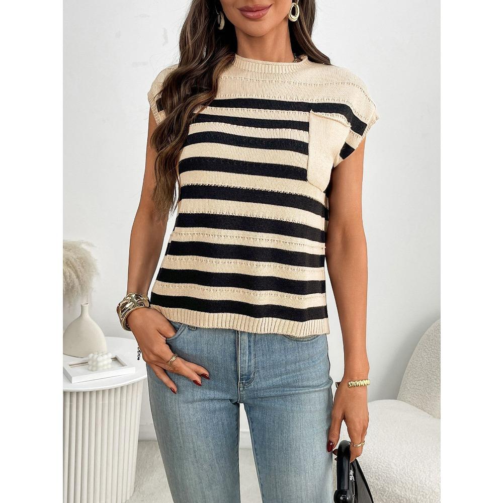 Summer New Women's Round Neck Top Knitted Casual Striped Sweater