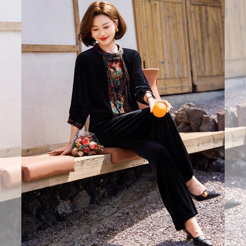 QianLian Damski welurowy zestaw dwuczęściowy w stylu chińskim dla kobiet w średnim wieku