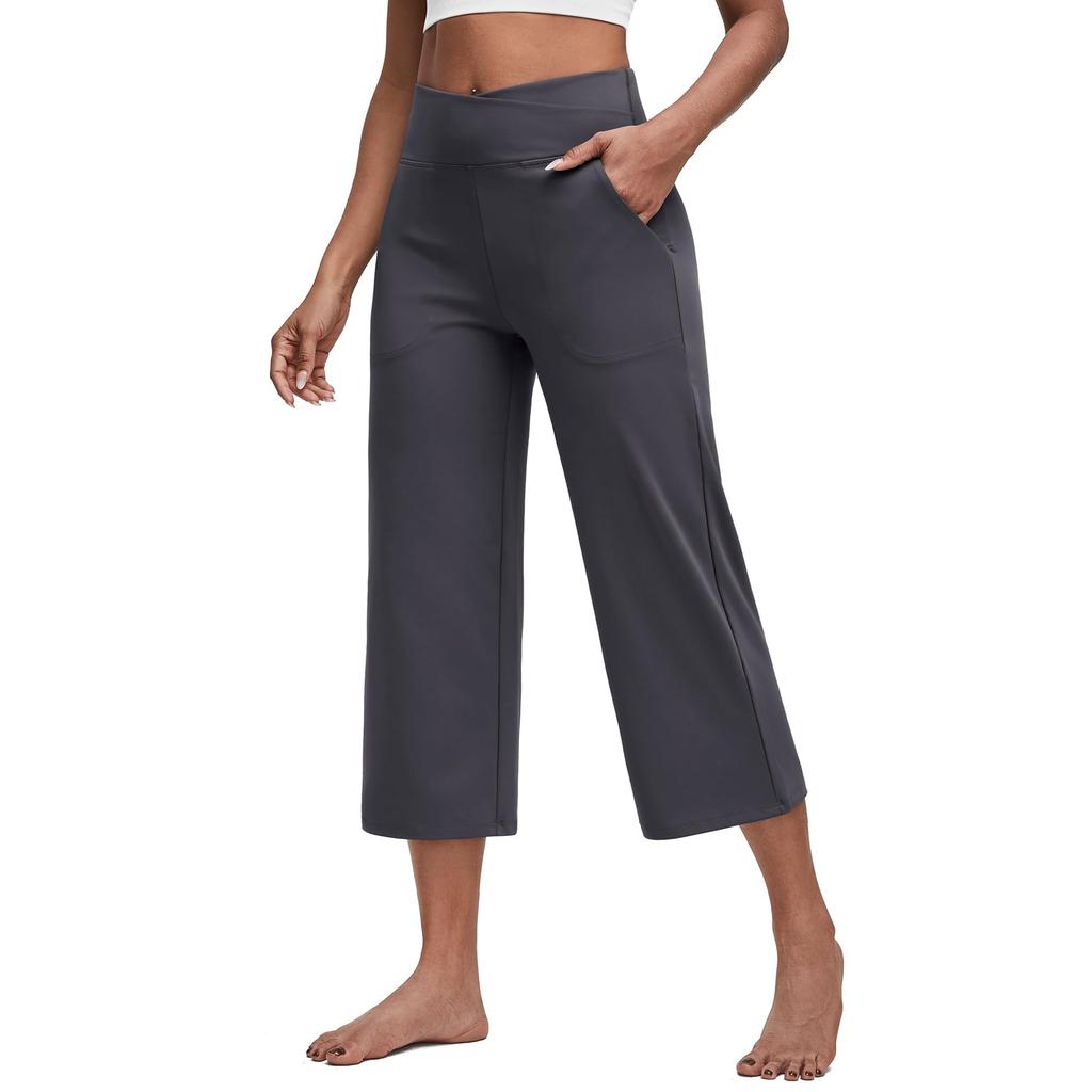 Women Elastic High Waist Pant Casual Fit Wide Leg Long Pants Trousers With Pockets