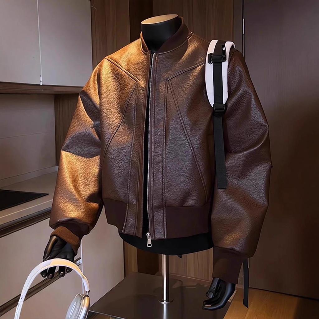 Hong Kong-style retro motorcycle uniform, men's autumn ruffian, handsome fashion outfit, vintage baseball collar, PU leather jacket, jacket, jacket