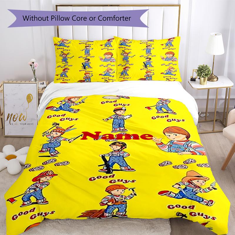 Set de lenjerie de pat Chucky cu nume personalizat 3 buc. Închidere cu fermoar pentru husa de pilotă Include 1 husă de pilotă și 2 fețe de pernă, Moale și confortabil pentru toate anotimpurile.