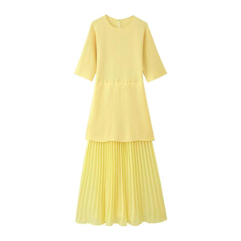 Kaslead New Women Clothes Western Style Round Neck Short Sleeve Knitted Patchwork Dress 4192001