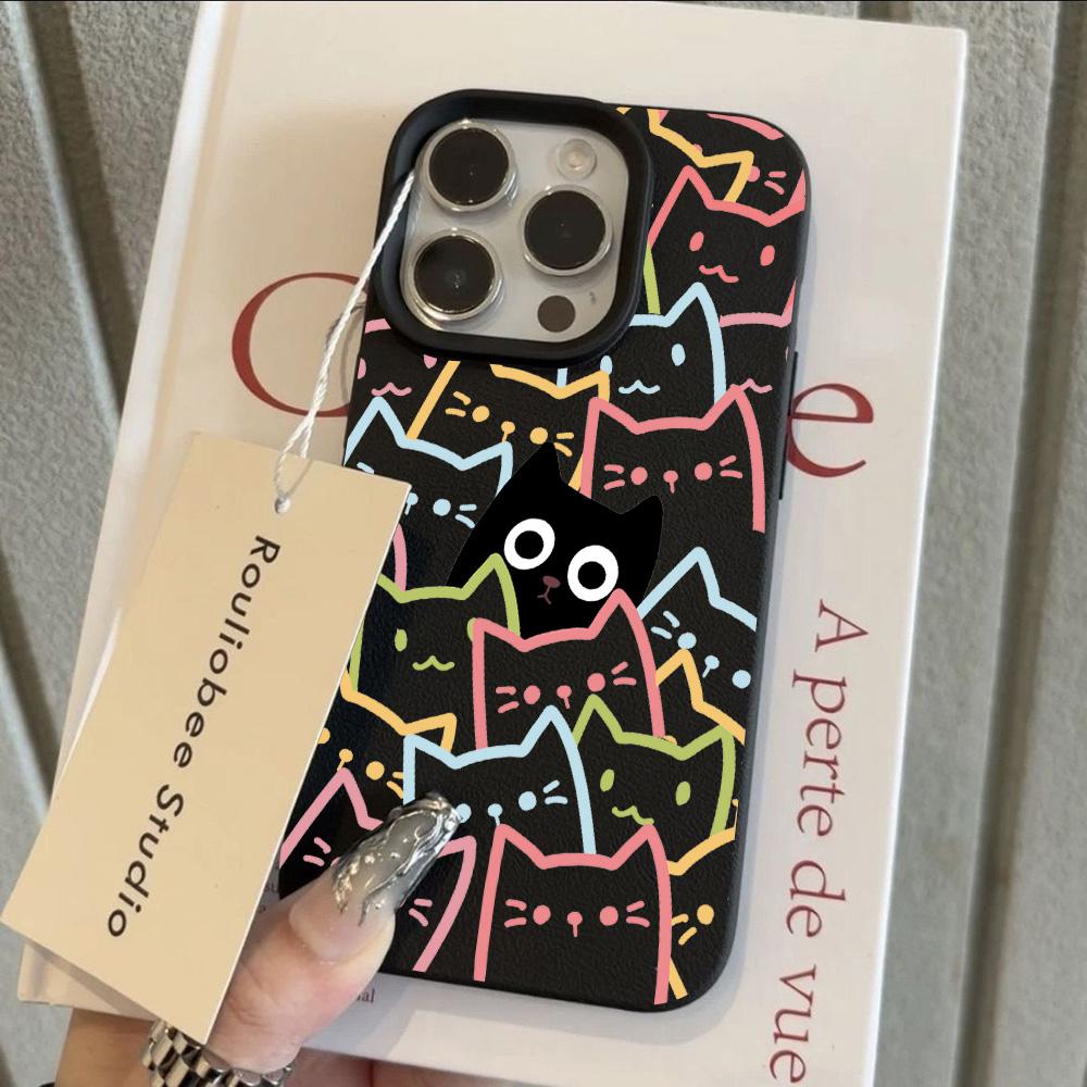 Abstract Cartoon Black Cat Cool Lichee leather pattern Phone Case For Redmi A5 A3 A1 14C 13 12 10 9 8 K60 Ultra Shockproof Cover