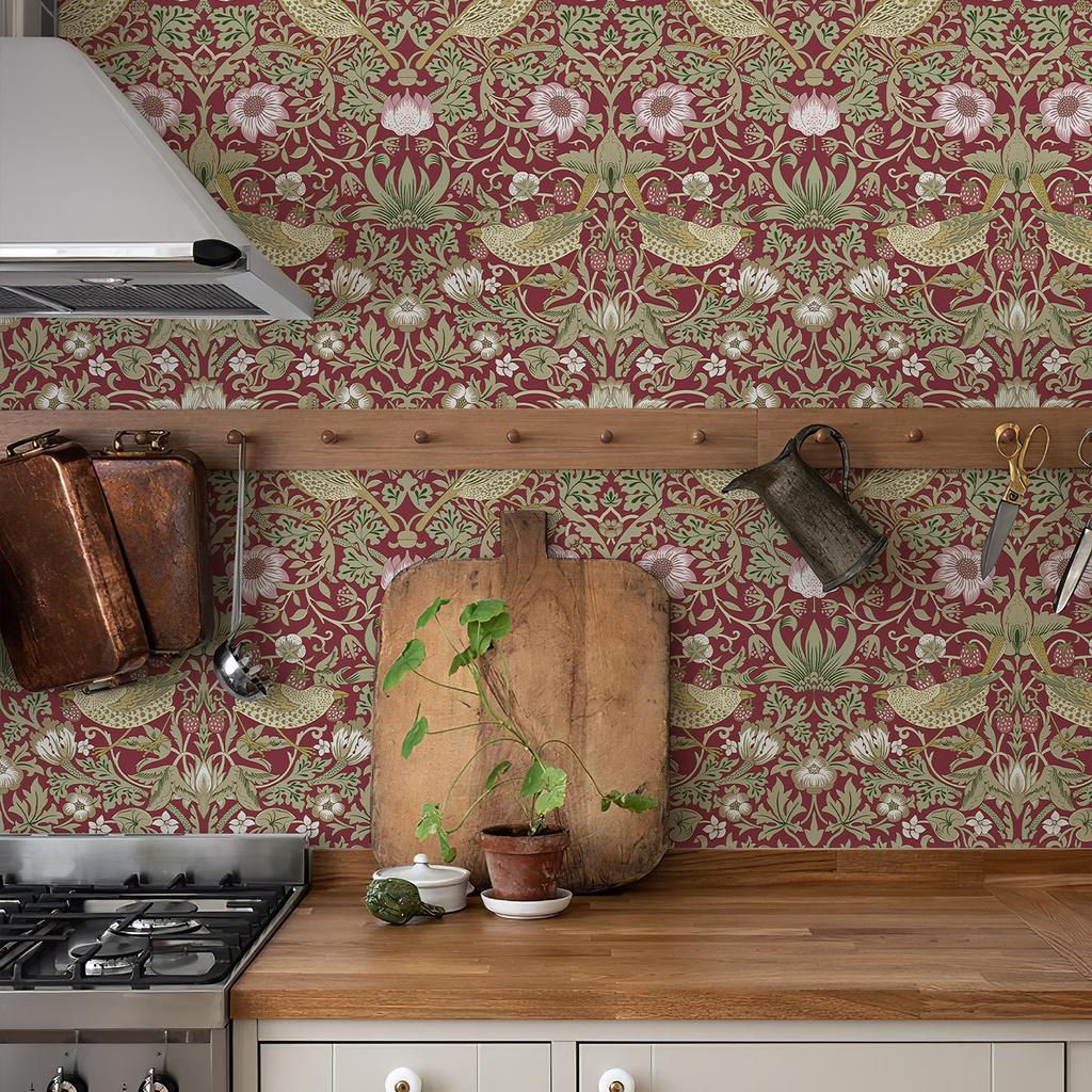 Retro Rote Florale Vinyltapete Selbstklebend Gelbe Vögel Selbstklebendes Wandkontaktpapier Schicke Wasserdichte Schrankaufkleber