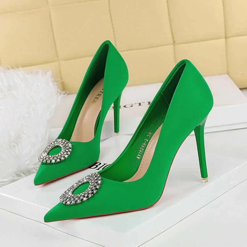 European American Fashionable Shallow Mouth High Heel Shoes Rhinestone Round Buckle Single Shoes Pointed Toe Thin Heel Shoes