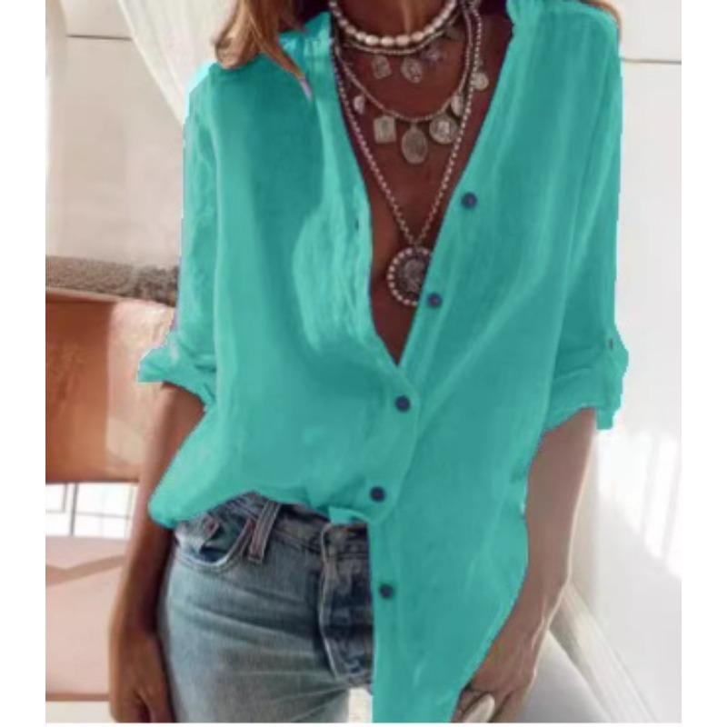 VEZFAA Women's Fashion Casual Spring Autumn Solid Color Print Long Sleeve Blouses & Shirts