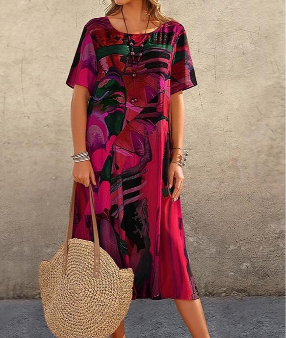 Summer Women Dress O-neck Short Sleeve Loose Casual Print Holiday Rope Vintage Female Dresses for Women