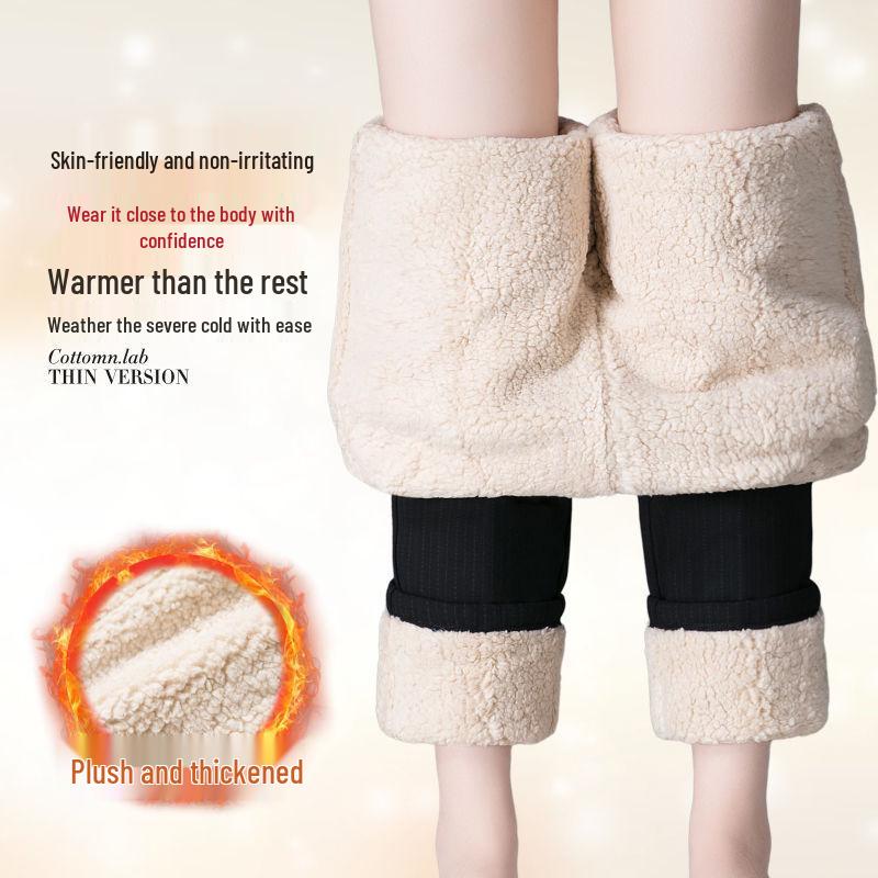 Pantalones de Invierno de Lana de Cordero con Forro Polar de Cintura Alta para Mujer - Engrosados, Algodón, Otoño 2025