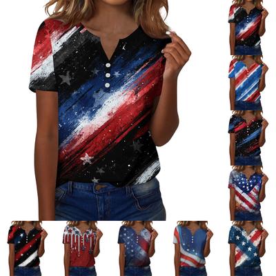 Women's T Shirt Independence Day Print Button Short Sleeve Daily Weekend Fashion Basic V- Neck Regular Top