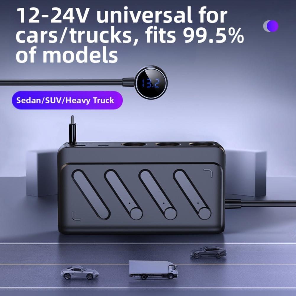 Retractable Car Charger Adapter 3 Socket 12V 24V with Type C PD Cable Vehicle Power Supply Multiple Device Charging