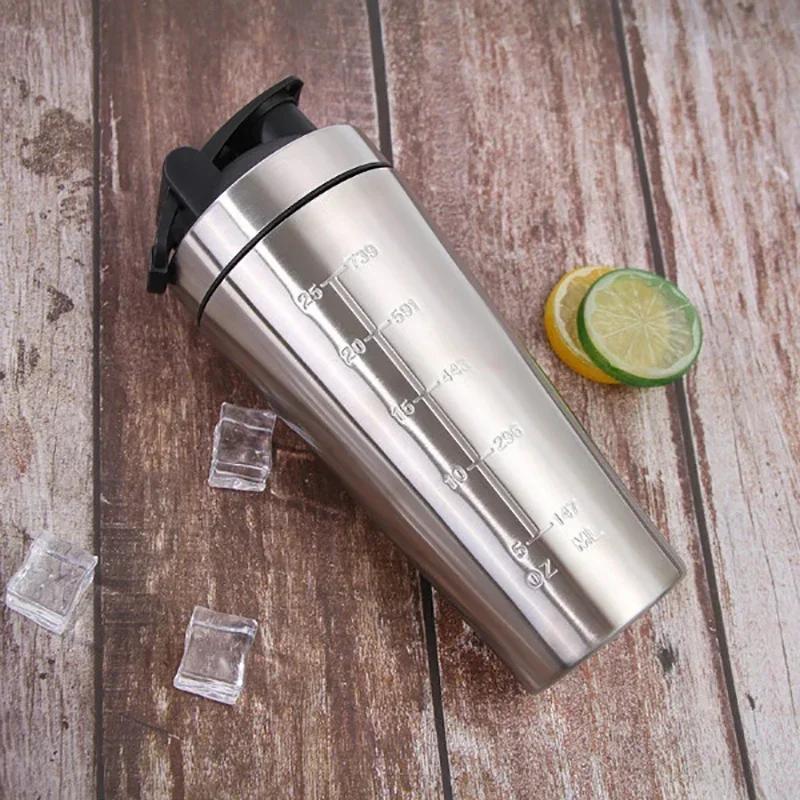 Protein Powder Shaker Bottle 500/750ml Leak Proof Water Bottle for Gym Fitness Sport Whey Shakes Cup with Scale Stainless Steel