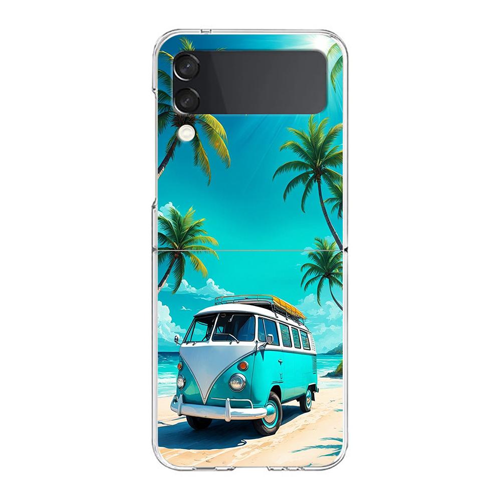 Phone Cover For Samsung Galaxy Z Flip 7 6 5 4 Case Transparent For Samsung Z Flip 3 Hard PC Foldable Sunset Coconut Tree Pattern