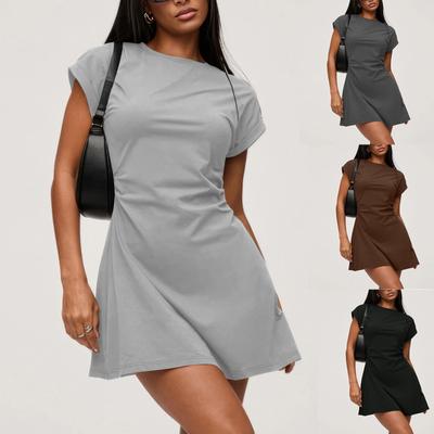 Women's High-waisted Solid Color Short Sleeve Round Neck Pleated Dress