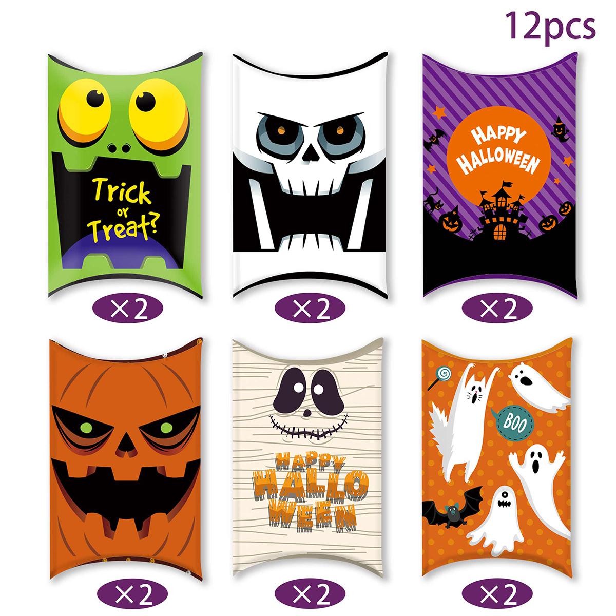 

12pcs Halloween Pillow Shape Candy Gift Box Pumpkin Ghost Biscuit Snack Treat Boxes Kids Trick Or Treat Halloween Party Favors 12X7.5cm