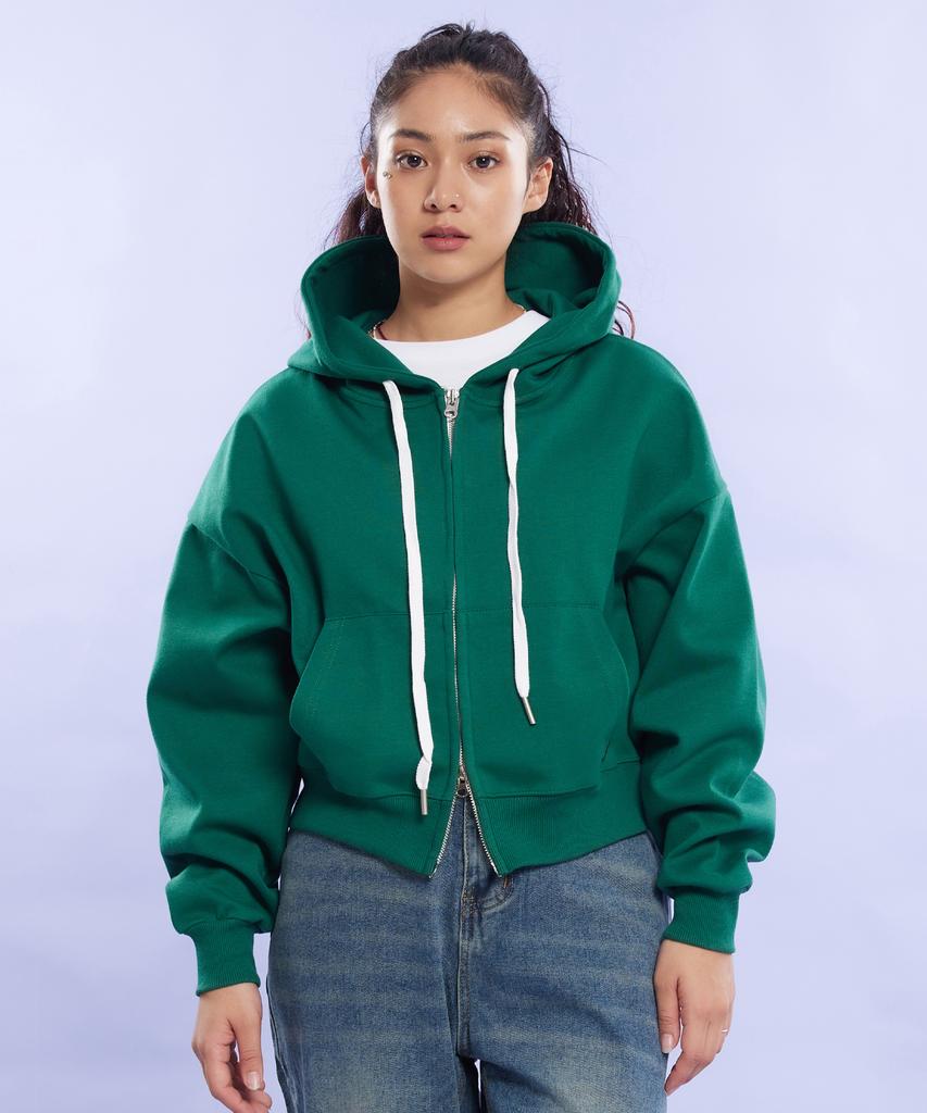 Cream Soda Lab Plain All Season Two-Way Crop Zip-Up Hoodie Green