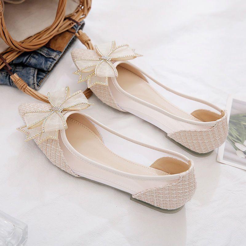 Women's Flat Mesh Shoes Diamond with Bow Pointed Toe Ladies Footwear Casual Non Slip Luxury Brand Elegant and Fashionable Y2k On