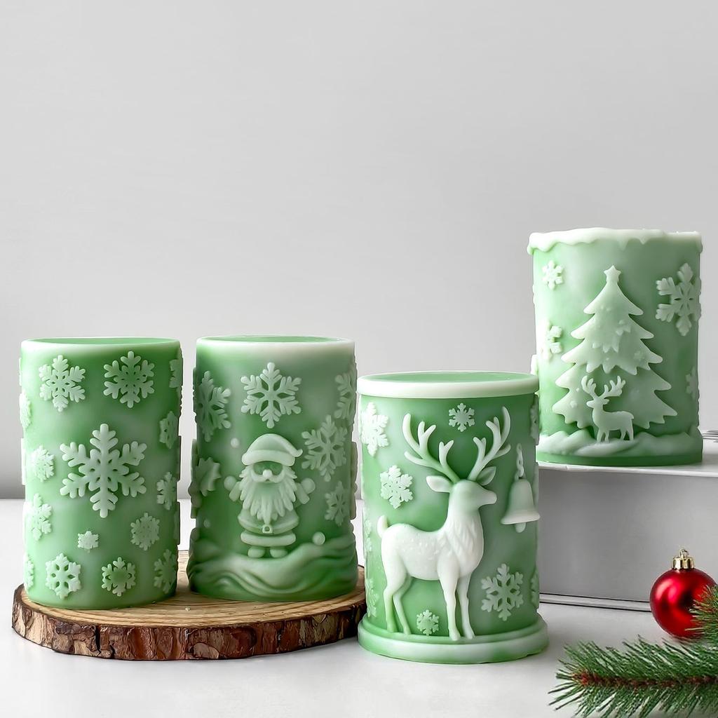 3D Relief Cylinder Christmas Snowflake Elk Silicone Candle Mold Christmas Tree Santa Aroma Plaster Mold Candle Making Supplies