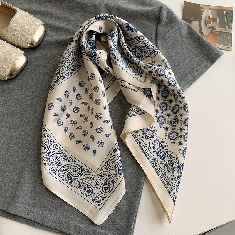 French retro printed silk scarf women's summer thin decorative bag head scarf high-end strap tube top breathable square scarf