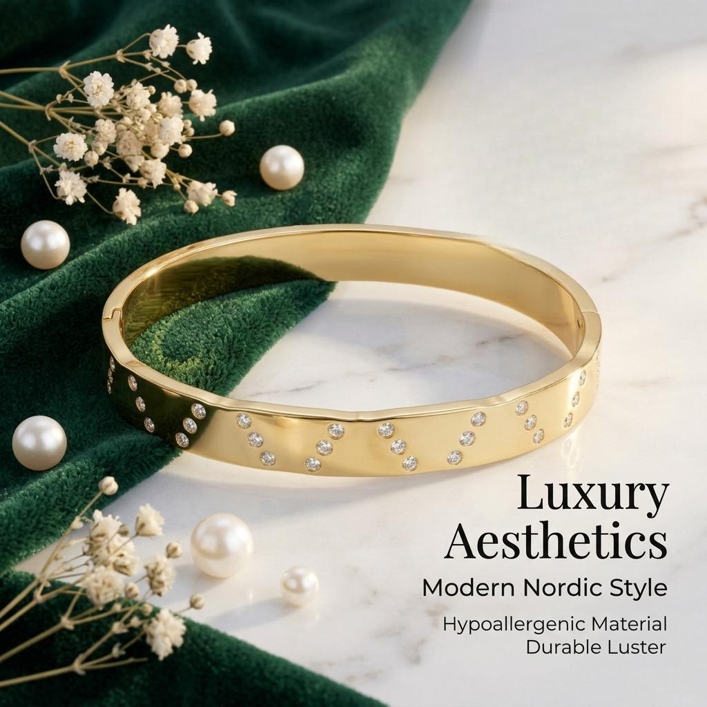 Fashion Gold Color Adjustable Opening Zircon Bangle Stainless Steel INS Style Bracelet For Women Party Jewelry Gift3