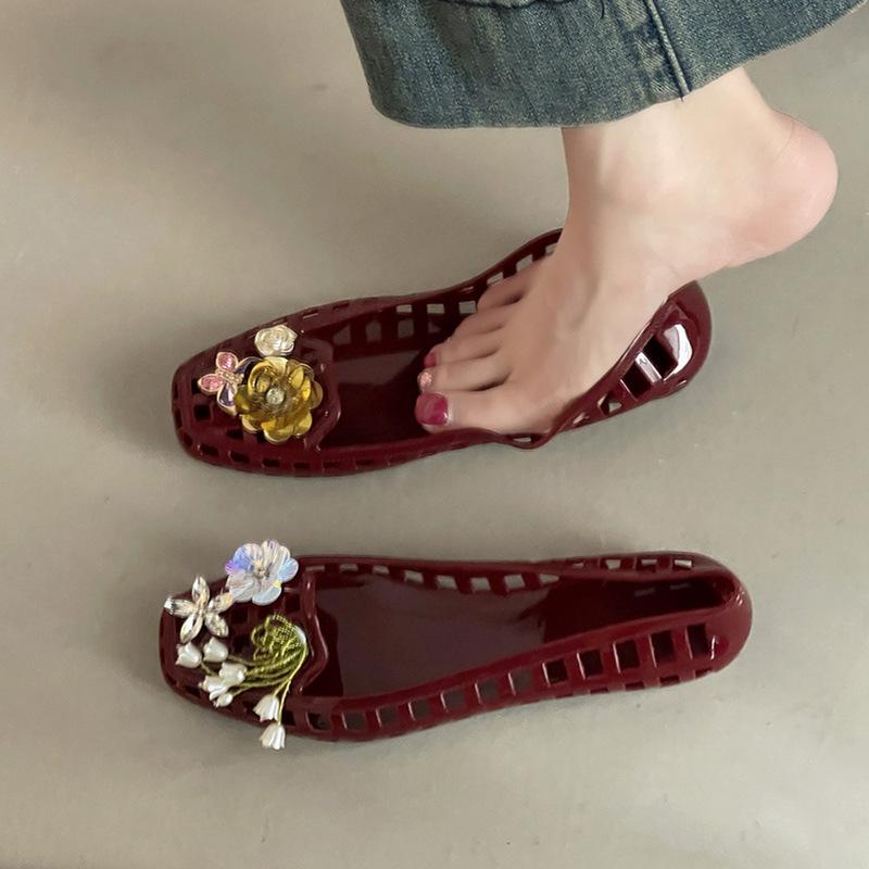 Fashion niche design grid hollow crystal sandals new summer with skirt flower transparent hole shoes