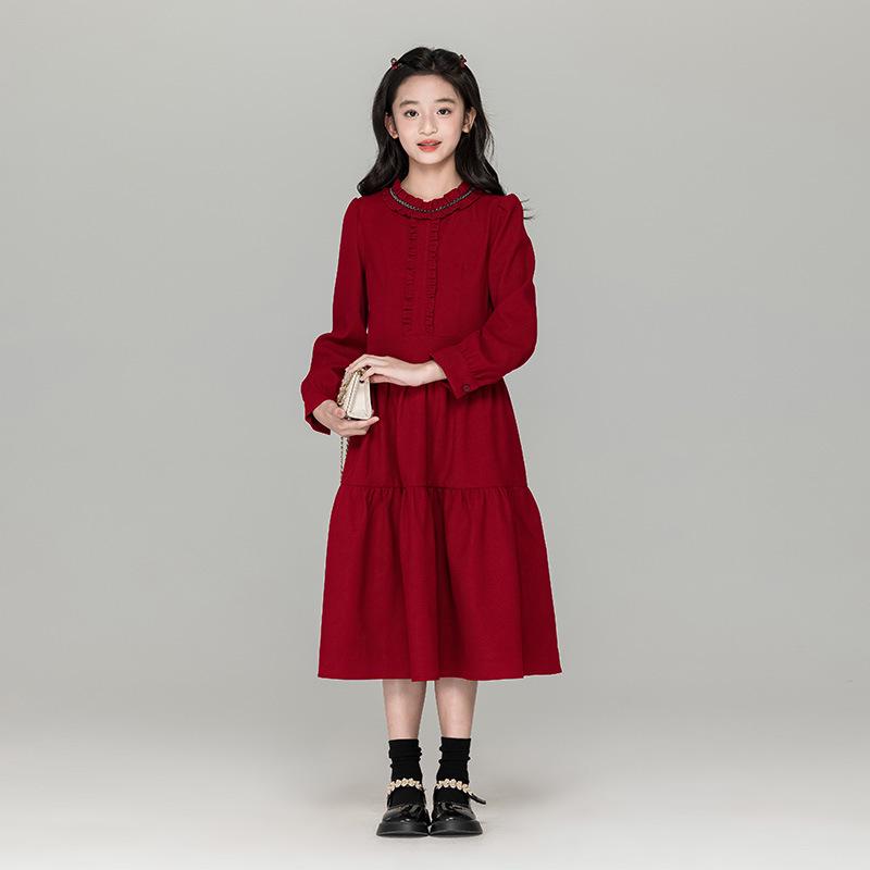 

Girls French Hepburn Style Lace Collar Long Dress - Autumn/Winter Family Outfit 140