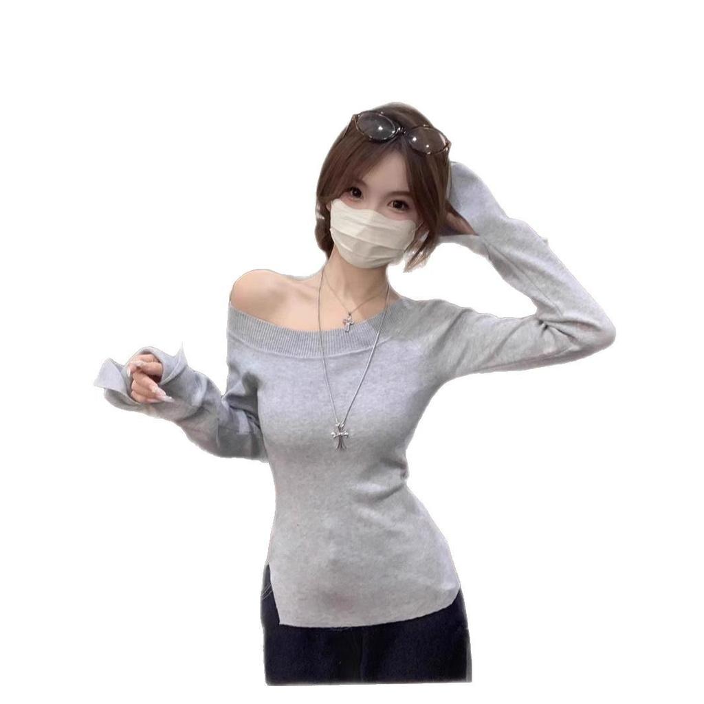 Spice girl pure desire one-word shoulder top bottoming shirt split design off-shoulder sexy tight flared sleeve knitted sweater