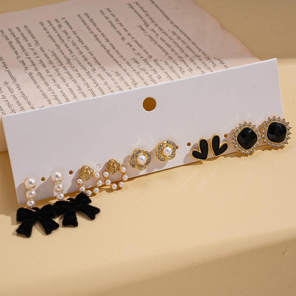 Ten-piece Set of Diamond-encrusted Imitation Pearl Flocking Bow Love Geometric Silver Needle Stud Earrings