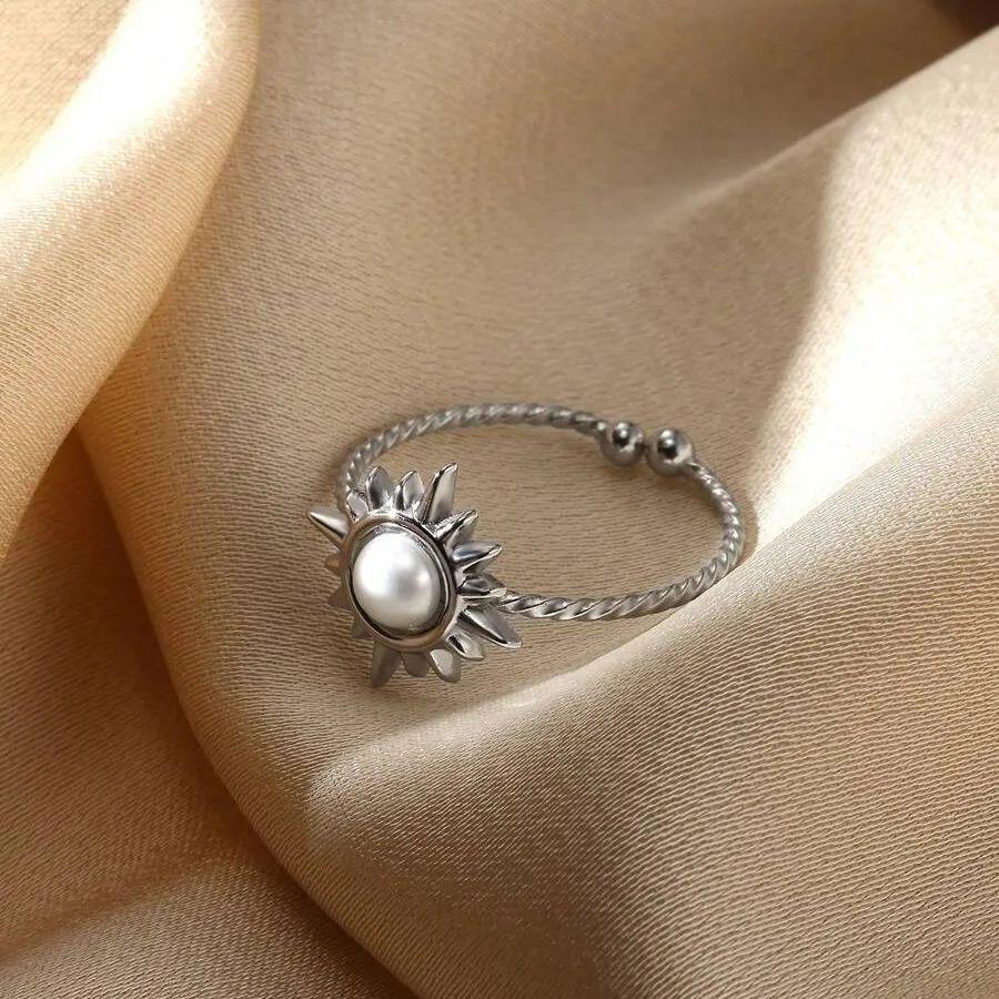 Exquisite Elegant Pearl Sun Open Ring For Women Adjustable Faux Pearl Stainless Steel Ring Wedding Daily Jewelry Gift