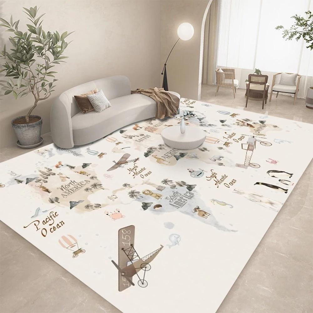 Colorful Cartoon Animal World Map Rug - Kids Educational Carpet Mat for Living Room Home Decoration Carpets for Living Room