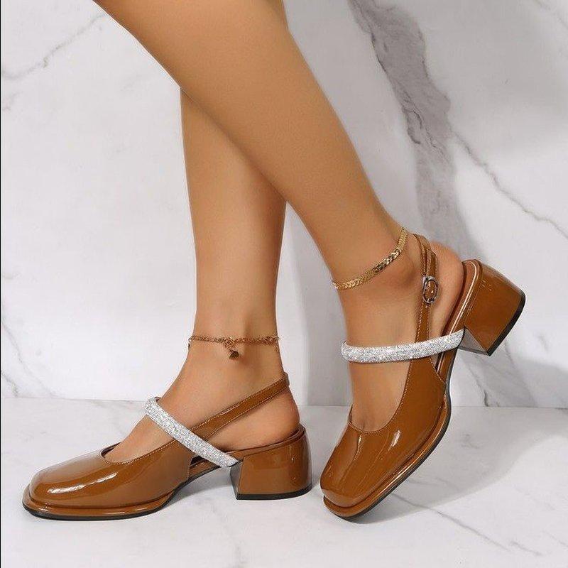 Women Sandals Thick Heel Square Toe Classic Female Mary Jane Shoes New Design Elegant Shallow Single Shoes Patent Leather