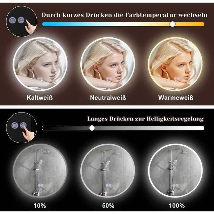 Miroir de salle de bain - NETTLIFE - Miroir rond 80 cm - LED intégré - IP44 - Tactile dimmable