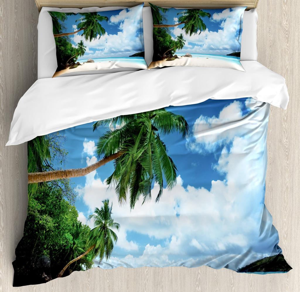 Seashore Duvet Cover Set Queen Size Splashing Waves On Sandy Beach Coconut Palm Trees Scenic Island View Warm Soft Breathable