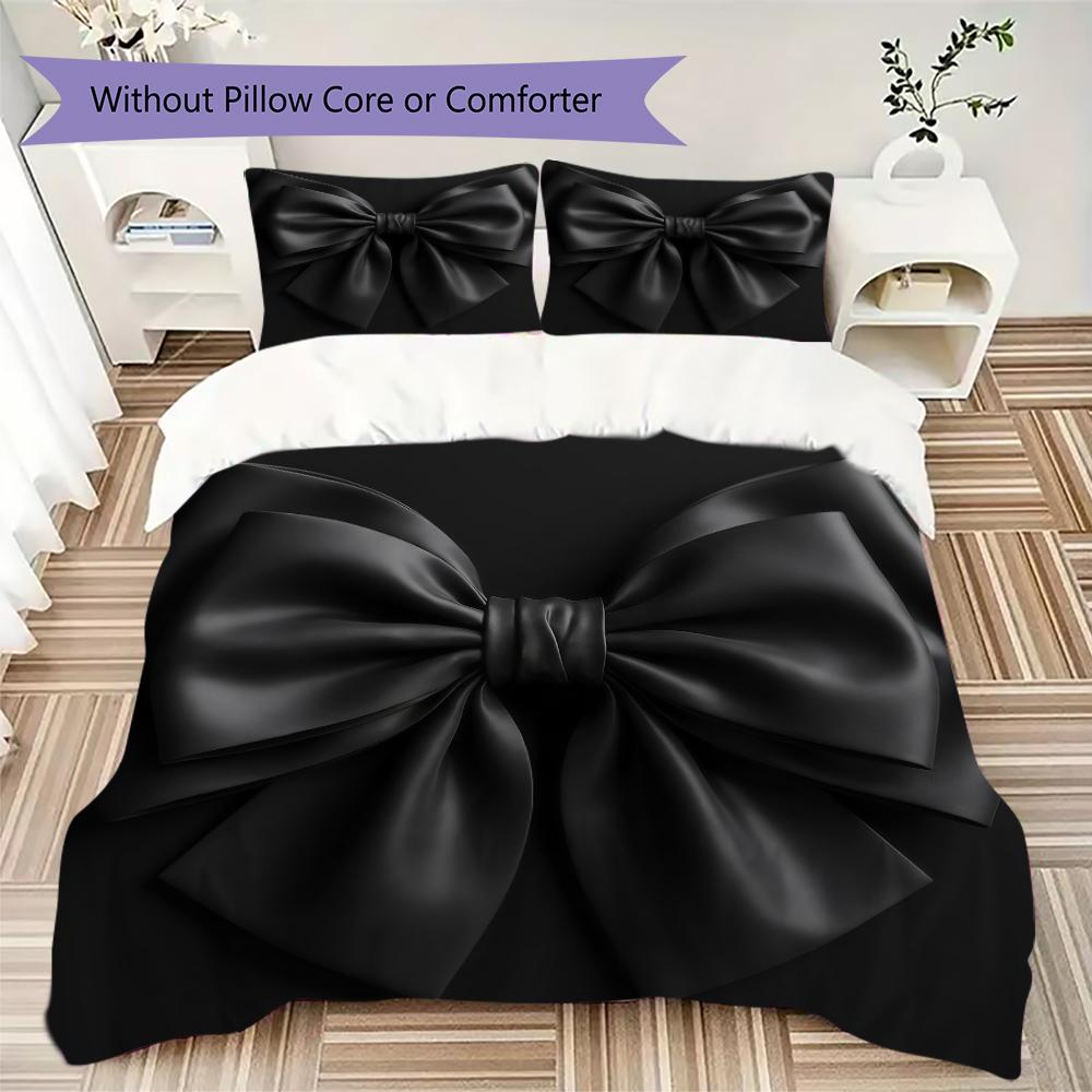 Minimal Black Bow Pattern Bedding Uilt Set Uilt Cover Pillowcase Home Decoration Birthday Gift (1 * Duvet Cover + 2 * Pillowcase Without Core)