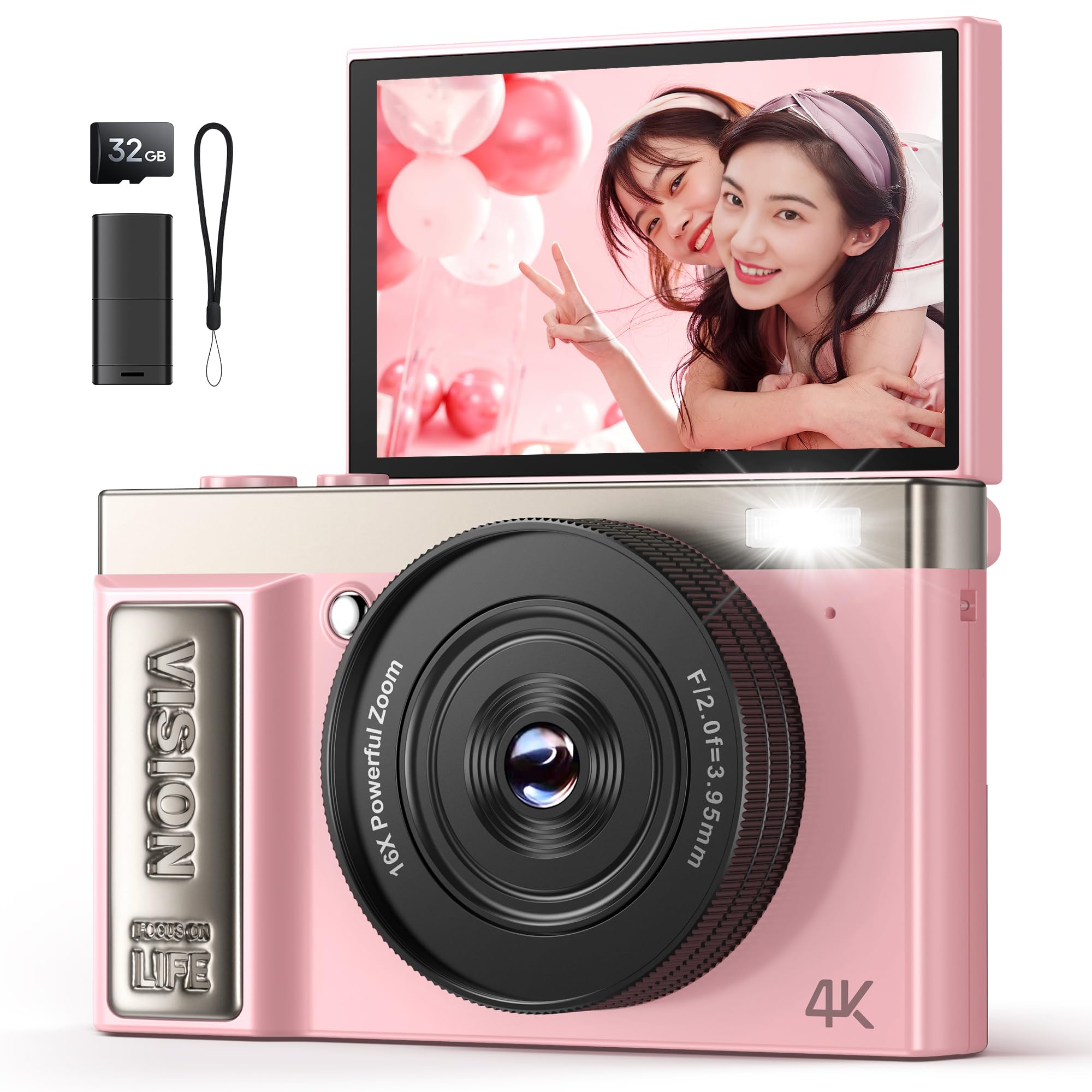 

AEKOMi 4K Video 64MP Flip Digital AF Compact 16X Digital Image IPS 32GB Micro SD Card Compact and Ideal for School and with Japanese Instruction рожевий