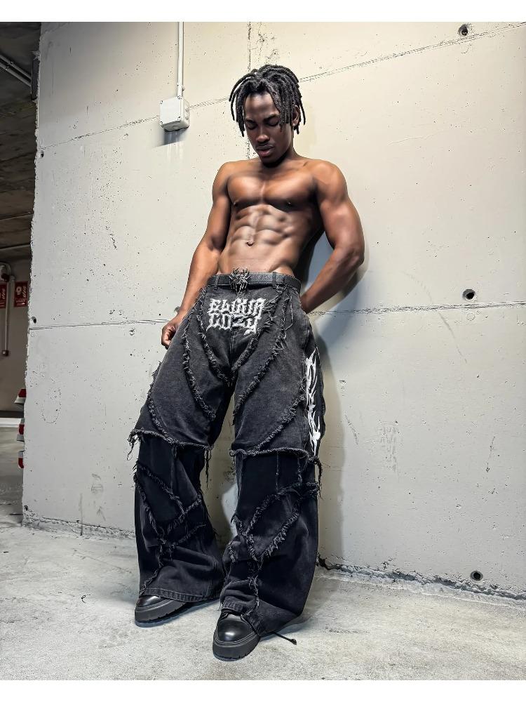 Fashion America Retro Street Zip Up Patchwork Baggy Jeans Men Y2k Stripe Embroidery Splicing Black Denim Pants Hip Hop Jeans