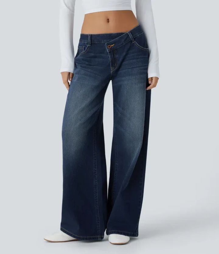 Blaue Asymmetrische Damenjeans Vintage Gewaschen Weiter Bein Gerader Denim-Hose Schwarze Baggy Hohe Taille Basic Hose Lässig