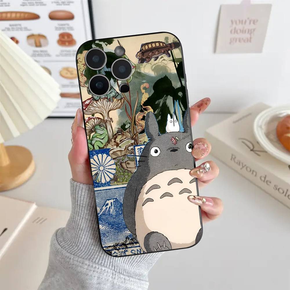 Cartoon T-Totoro Phone Case Black Silicone Soft Shell For IPhone 17 16 15 14 13 12 11 Air Pro Max Plus Hot Sale