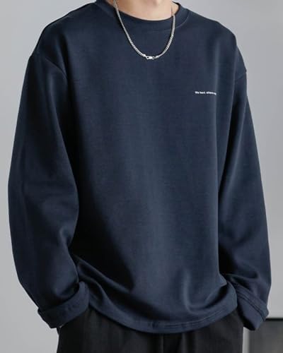 JHIJSC Men's Long Sleeve T-Shirt, Spring, Simple, Cotton, Solid Color, Loose Fit, Stylish, Plus Size (L, Navy)