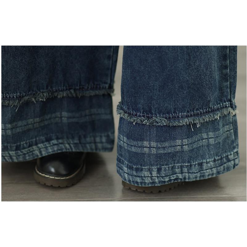 DIMANAF 2026 Summer New Plus Size Women Jeans Elastic Waist Long Pants Loose Casual Denim Cotton Trousers Plaid