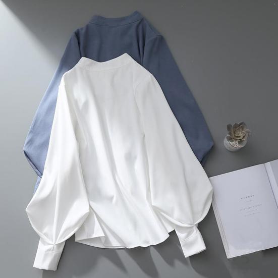 Women Spring Fall Shirt Stand Collar Loose Solid Color Long Lantern Sleeve Formal Business Style Single-breasted Cardigan Lady Commute Blouse