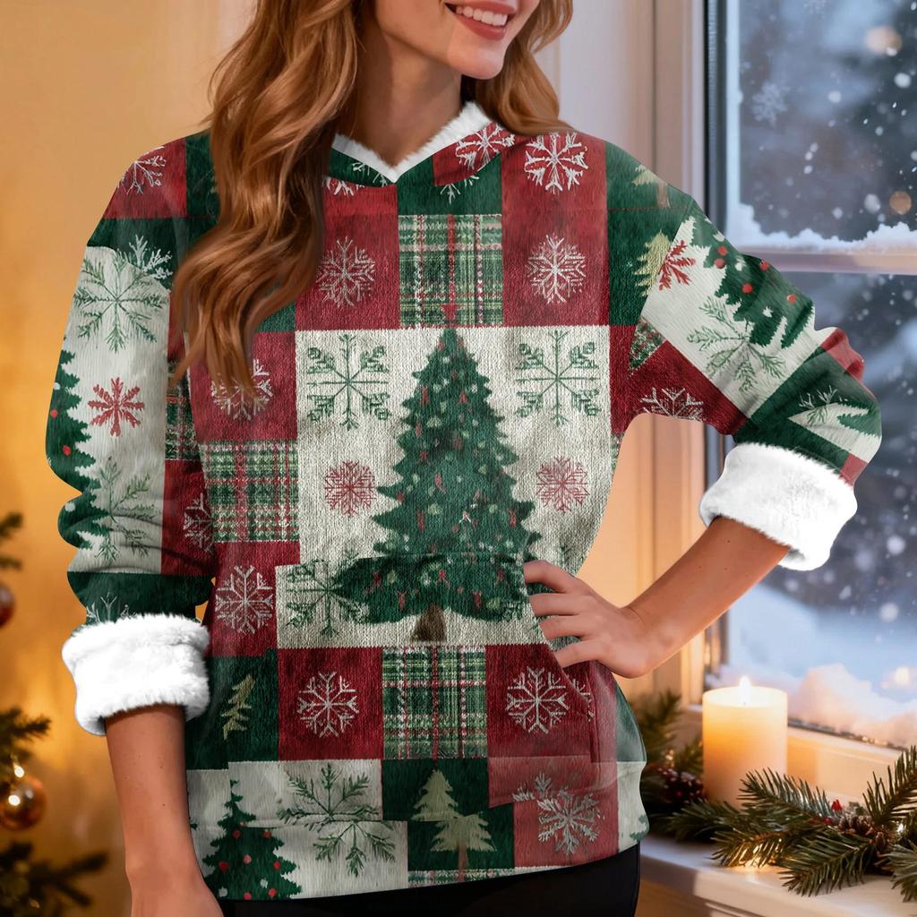 Women's Fashion Casual Long Sleeve Christmas Printed Hooded Sweatshirt
