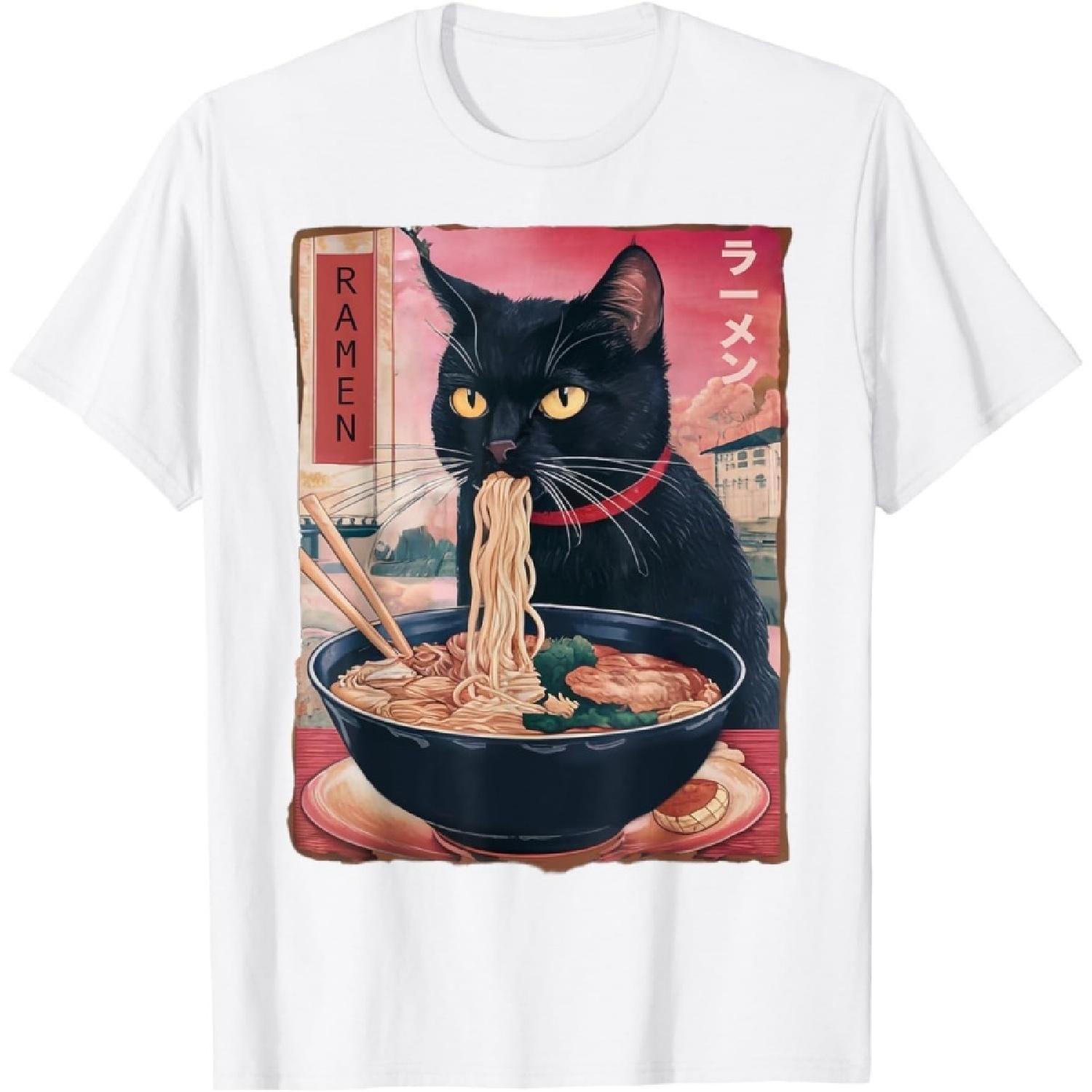 SHANGCHEN Cat Ramen Noodle Japanese Anime Kawaii Gifts Men Women T-Shirt S